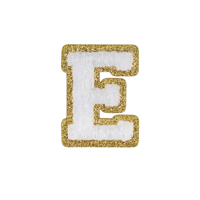 Pack of 25 - 2.5" - Chenille Letterman "E" Patch - White Chenille Thread/Gold Glitter Felt - Peel & Stick Backing