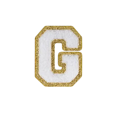 Pack of 25 - 2.5" - Chenille Letterman "G" Patch - White Chenille Thread/Gold Glitter Felt - Peel & Stick Backing