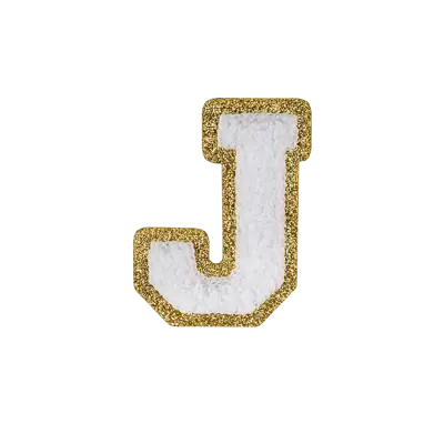 Pack of 25 - 2.5" - Chenille Letterman "J" Patch - White Chenille Thread/Gold Glitter Felt - Peel & Stick Backing