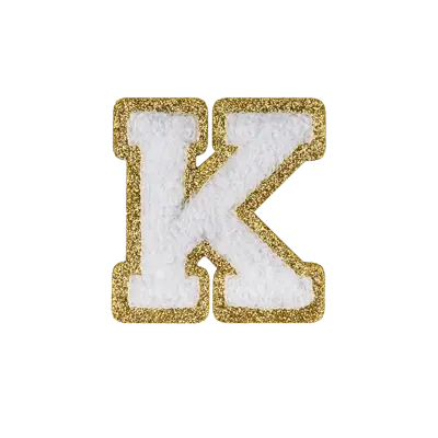 Pack of 25 - 2.5" - Chenille Letterman "K" Patch - White Chenille Thread/Gold Glitter Felt - Peel & Stick Backing