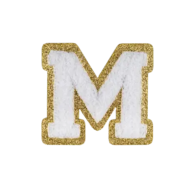 Pack of 25 - 2.5" - Chenille Letterman "M" Patch - White Chenille Thread/Gold Glitter Felt - Heat Applied Backing