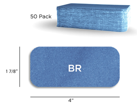 Light blue rectangular glue blocker with a height of 1 7/8” and width or 4”. Shown above is a 50 pack or stack of glue blockers.