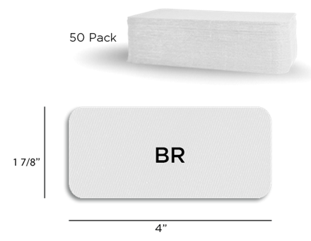 White rectangular glue blocker with a height of 1 7/8” and width or 4”. Shown above is a 50 pack or stack of glue blockers.
